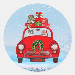 Sticker Rond Bouledogue français dans une voiture avec le Père