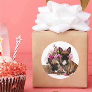 Sticker Rond Bouledogue français fleurs célébration Bouledogue