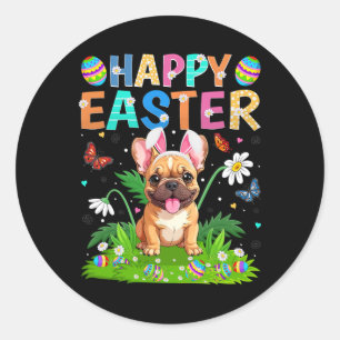Sticker Rond Bouledogue français Joyeuses Pâques Chasse aux œuf