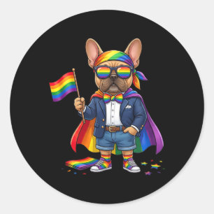 Sticker Rond Bouledogue français LGBT Arc-en-ciel Fierté lesbie
