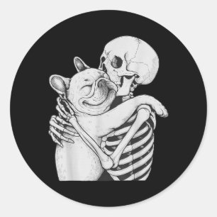Sticker Rond Bouledogue Français Squelette Câlin Halloween Amat