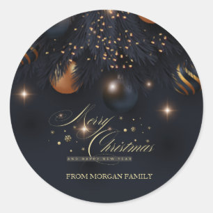 Sticker Rond Boules de Noël Branches de Pin Noir
