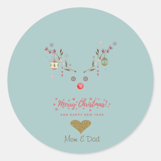 Sticker Rond Boules de Noël de rennes d'aquarelle Gold Heart (Devant)