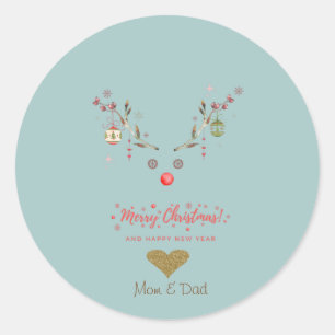 Sticker Rond Boules de Noël Renne Aquarelle Cœur Doré