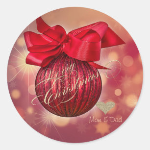 Sticker Rond Boules de Noël Rouges Bokeh Entreprise