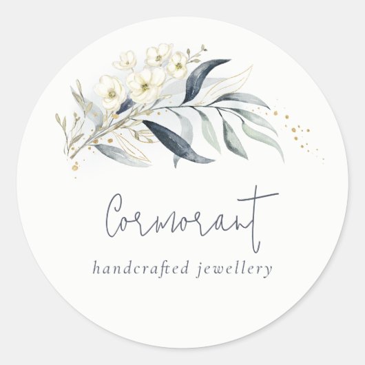 Sticker Rond Bouquet Botanique Feuillu Bleu Vert Or (Devant)