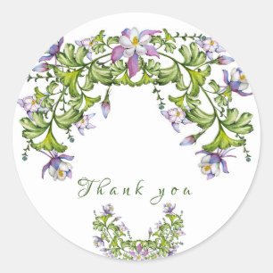 Sticker Rond Bouquet coloré d'aquarelle de columbine et vert