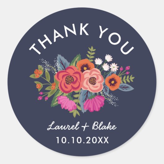 Sticker Rond Bouquet de Bohême - Merci Mariage bleu marine (Devant)