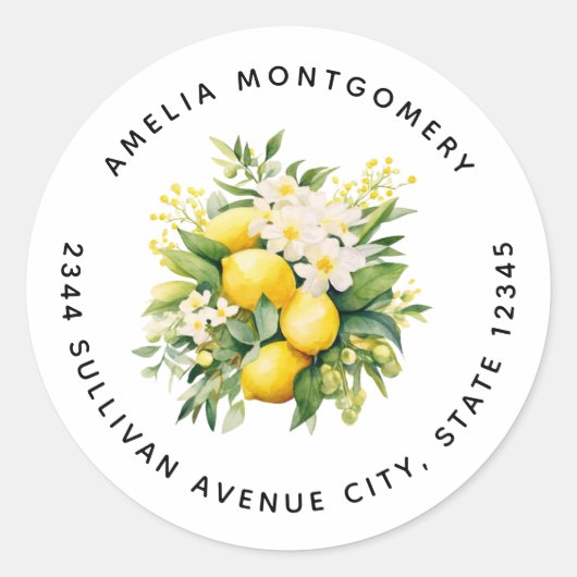 Sticker Rond Bouquet de Citron avec Fleurs Blanches - Adresse (Devant)