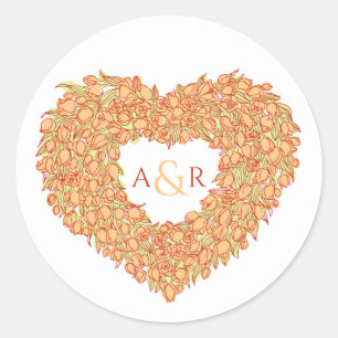 Sticker Rond Bouquet de coeur de tulipe mariage orange monogram