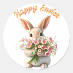 Sticker Rond Bouquet de fleur de lapin de Pâques joyeux Pâques