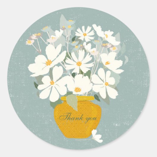 Sticker Rond Bouquet de fleurs blanches bleues vase d'or Merci (Devant)