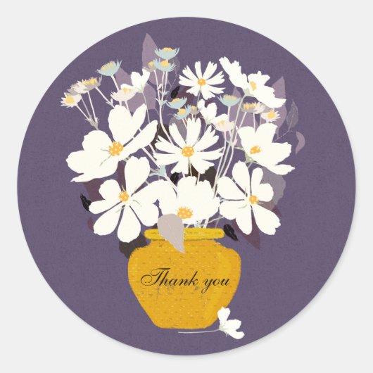 Sticker Rond Bouquet de fleurs blanches violet vase d'or Merci (Devant)