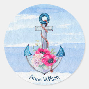 Sticker Rond bouquet de fleurs d'ancre nautique