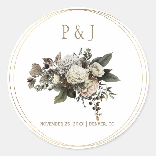 Sticker Rond Bouquet de fleurs d'hiver mariage monogrammé (Devant)
