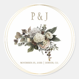 Sticker Rond Bouquet de fleurs d'hiver mariage monogrammé