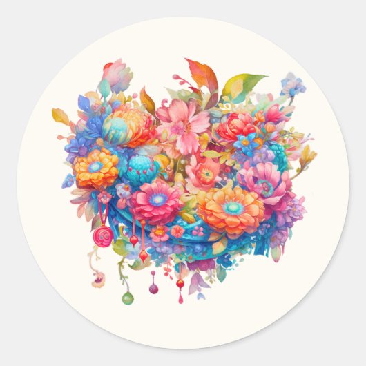 Sticker Rond Bouquet de fleurs en rose orange et bleu Boho (Devant)