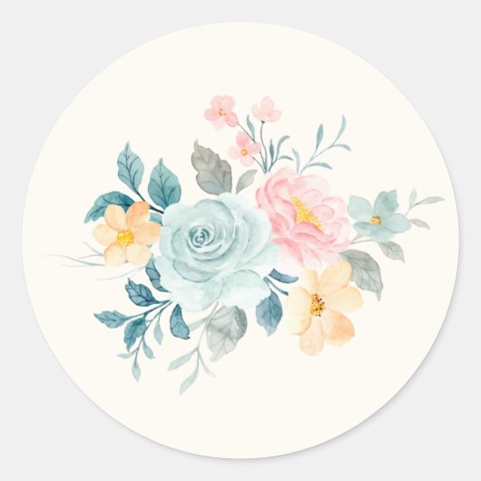 Sticker Rond Bouquet de fleurs rose et bleu élégant (Devant)