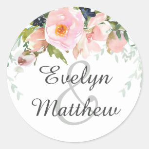 Sticker Rond Bouquet de fleurs rose poudré et blanc pour mariag