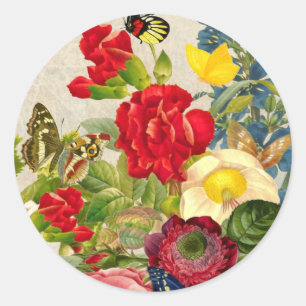 Sticker Rond Bouquet de fleurs vintages aux papillons