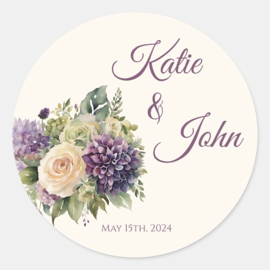 Sticker Rond Bouquet de fleurs violettes d'aquarelle Mariage (Devant)