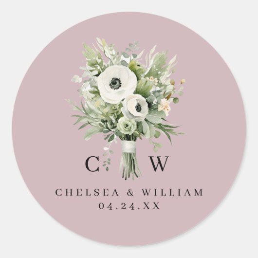 Sticker Rond Bouquet de Mariage Monogramme (Devant)