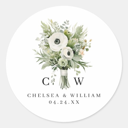 Sticker Rond Bouquet de Mariage Monogramme (Devant)