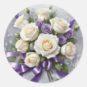 Sticker Rond Bouquet de roses blanches et lilas, rubans lilas