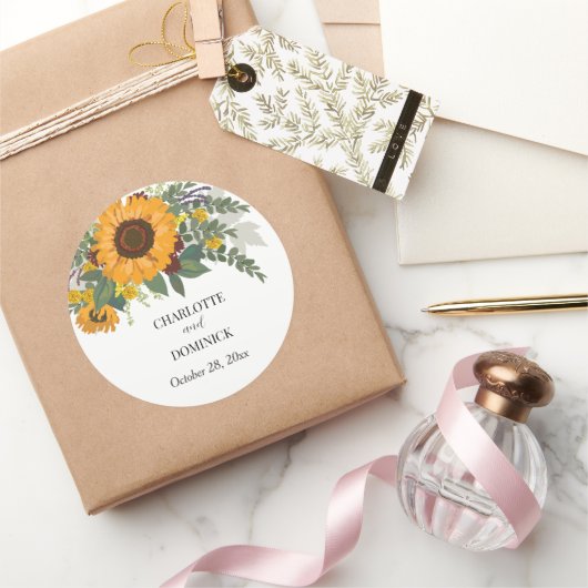 Sticker Rond Bouquet de tournesol Floral Couple Nom Mariage (Cadeaux)