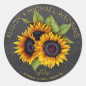 Sticker Rond Bouquet de tournesol mariage en damier rustique (Devant)