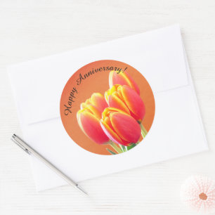 Sticker Rond Bouquet de tulipes orange pour joyeux anniversaire