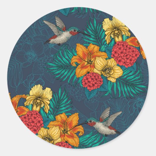 Sticker Rond Bouquet et colibris tropicaux (Devant)