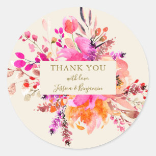Sticker Rond Bouquet floral aquarelle rose mariage nom personna