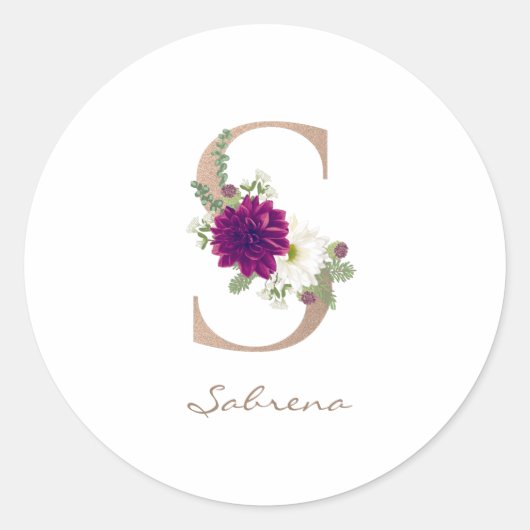 Sticker Rond Bouquet floral dahlias lettre monogramme or rose S (Devant)