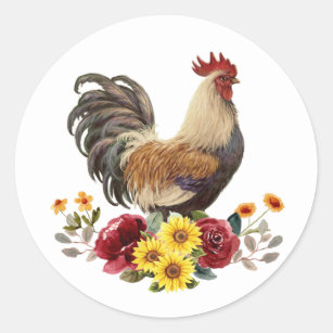 Sticker Rond Bouquet floral de coq au poulet aquarelle