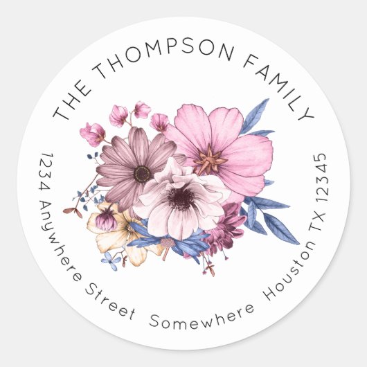 Sticker Rond Bouquet floral rose Nom de retour Adresse (Devant)