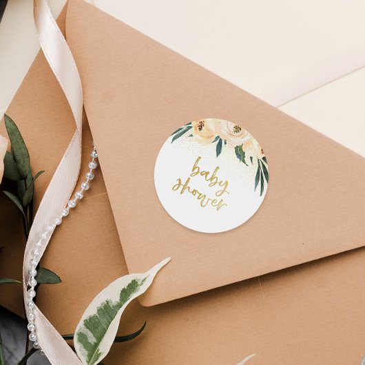 Sticker Rond Bouquet floral rose pâle Baby shower de script or
