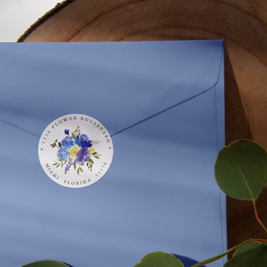 Sticker Rond Bouquet jaune et bleu Adresse de retour botanique