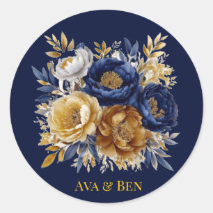 Sticker Rond Bouquet Mariage Marine Et Gold Watercolor Peony