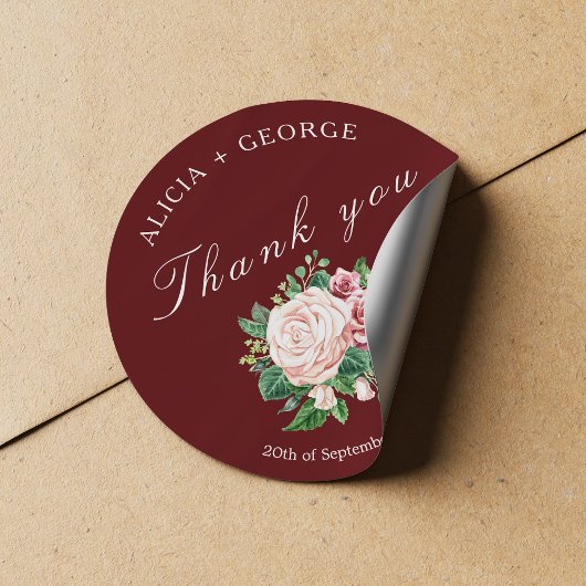 Sticker Rond Bouquet Rose chic Merci Mariage