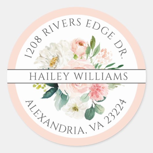 Sticker Rond Bouquet rose et blanc noir Adresse de retour (Devant)