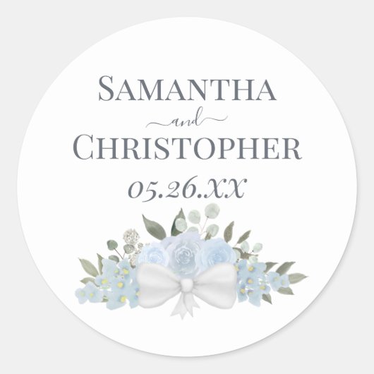 Sticker Rond Bouquet Roses et fleurs bleu Dusty Mariage simple (Devant)