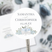 Sticker Rond Bouquet Roses et fleurs bleu Dusty Mariage simple