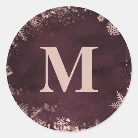 Sticker Rond Bourgogne avec monogramme Rose Gold Winter Wedding (Devant)