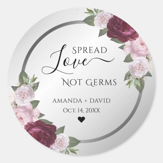 Sticker Rond Bourgogne Blush Argent Floral Étalé Amour (Devant)