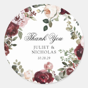 Sticker Rond Bourgogne & Blush Floral Wedding Favoriser