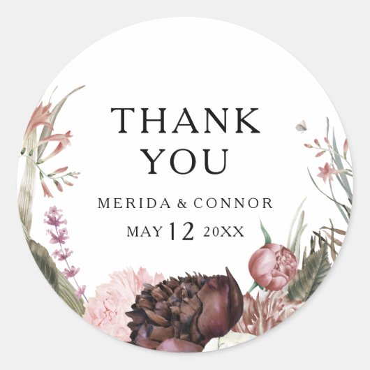 Sticker Rond Bourgogne Boho Floral Merci Mariage Faveur (Devant)