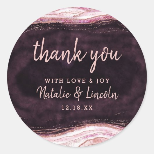 Sticker Rond Bourgogne et Rose Gold Geode Agate Mariage Merci (Devant)