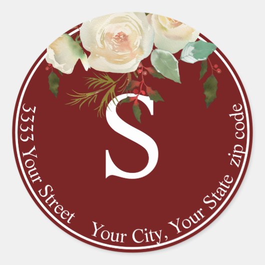 Sticker Rond Bourgogne Floral Holiday Monogramme Adresse de ret (Devant)