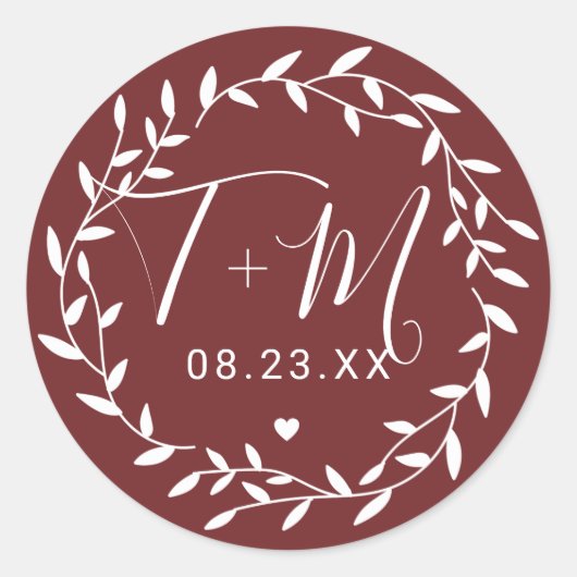 Sticker Rond Bourgogne Floral Initiales Mariage Enregistrer La  (Devant)